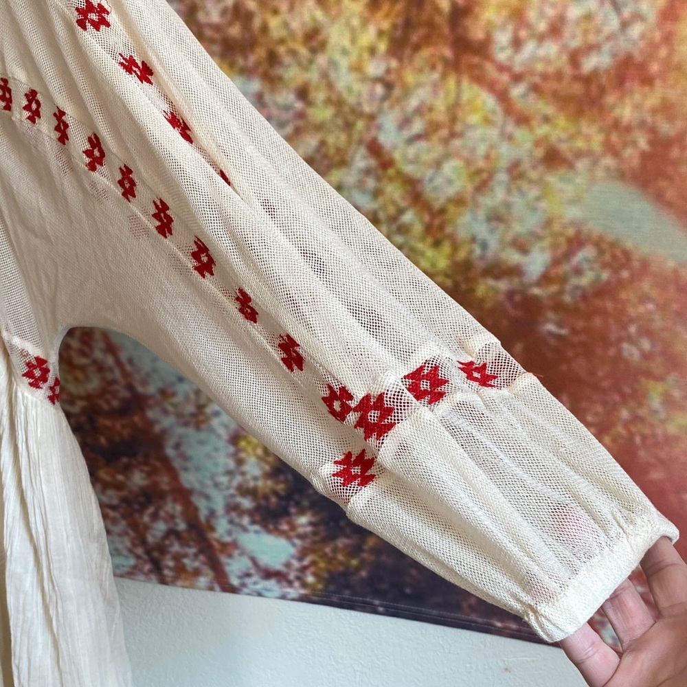 Free People Cream and Red Embroidered sheer Long Sleeve Dress - Picture 5 of 16